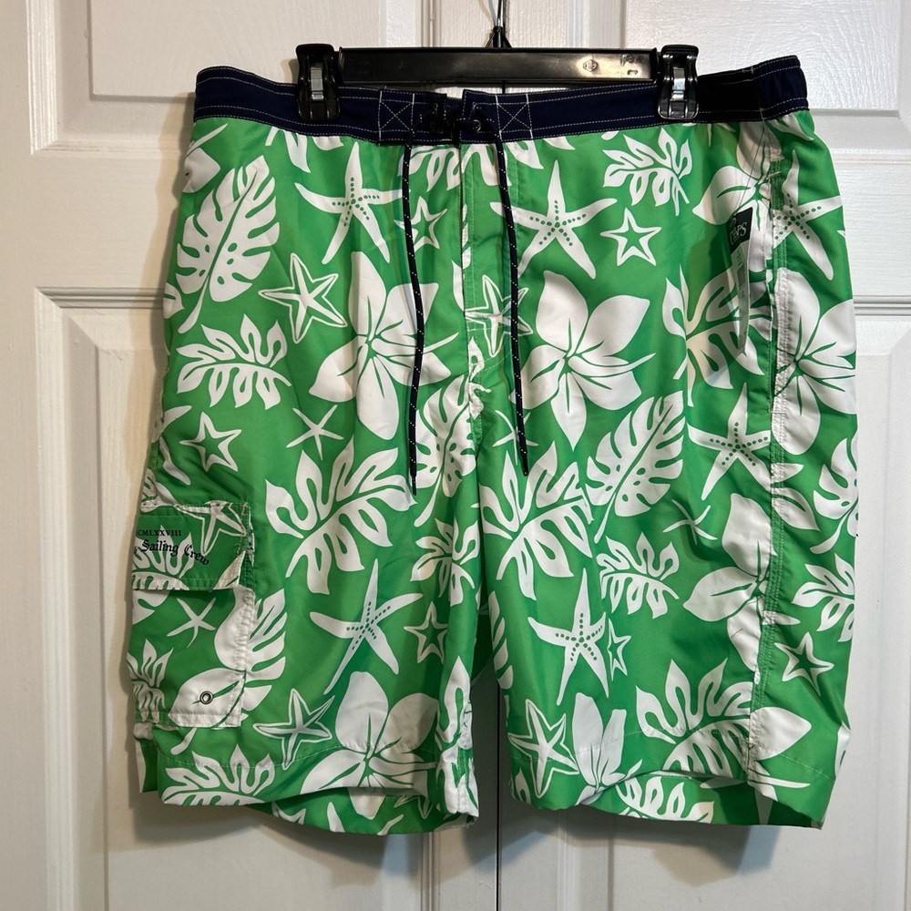NWT CHAPS Ralph Lauren Swim Trunks SHORTS Size XL Green/Blue/White Drawstring